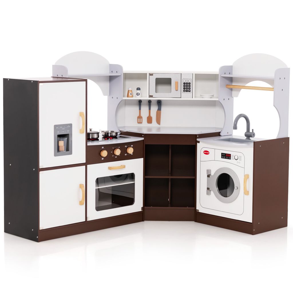 GOPLUS Eck Spielküche aus Holz, Rollenspielküche für Kinder mit Eismaschine, Mikrowelle, Herd, Ofen, Spüle, Waschmaschine, Kinderküche mit Lic...