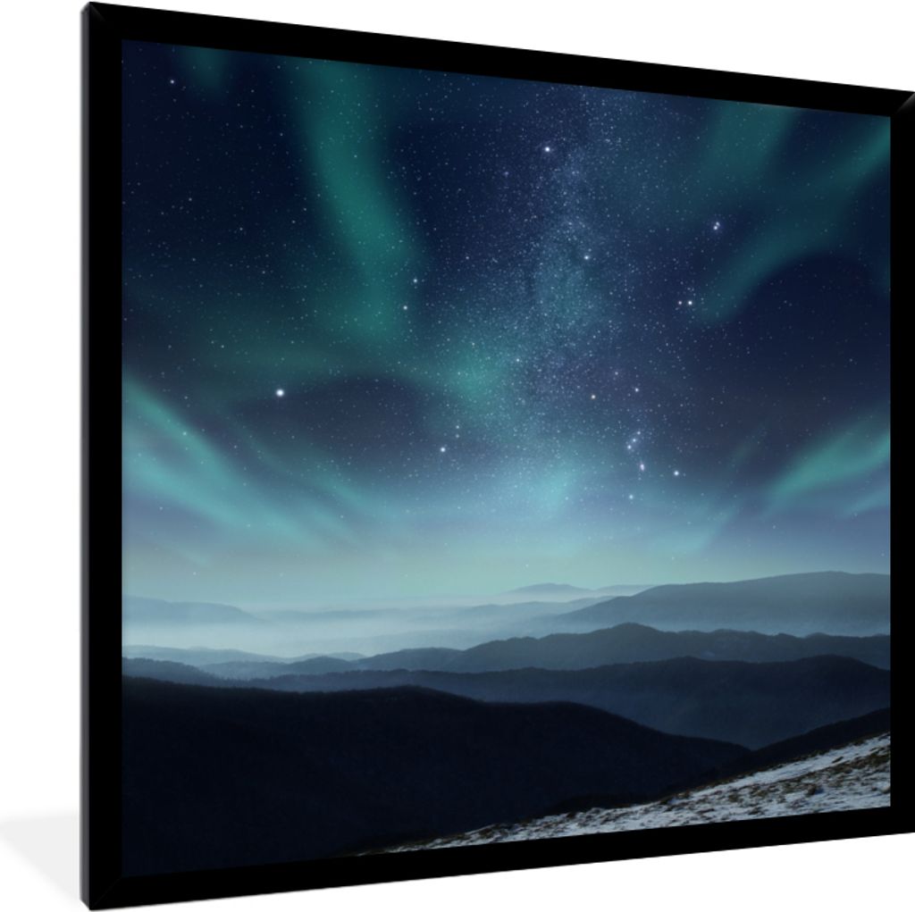 MuchoWow MuchoWow Gerahmtes Poster Nordlichter - Sterne - Berg - Nacht 40x40 cm - Poster mit zchwarzem Bilderrahmen - Mit Rahmen - Wanddekorati...