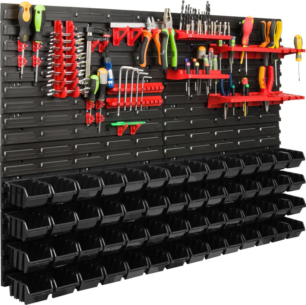 Lagersystem Werkstattregal | 115 x 78 cm | 56 stck. Box | Wandregal mit Werkzeughalterungen und Stapelboxen - Wandplatten Extra Starke Schüttenreg...