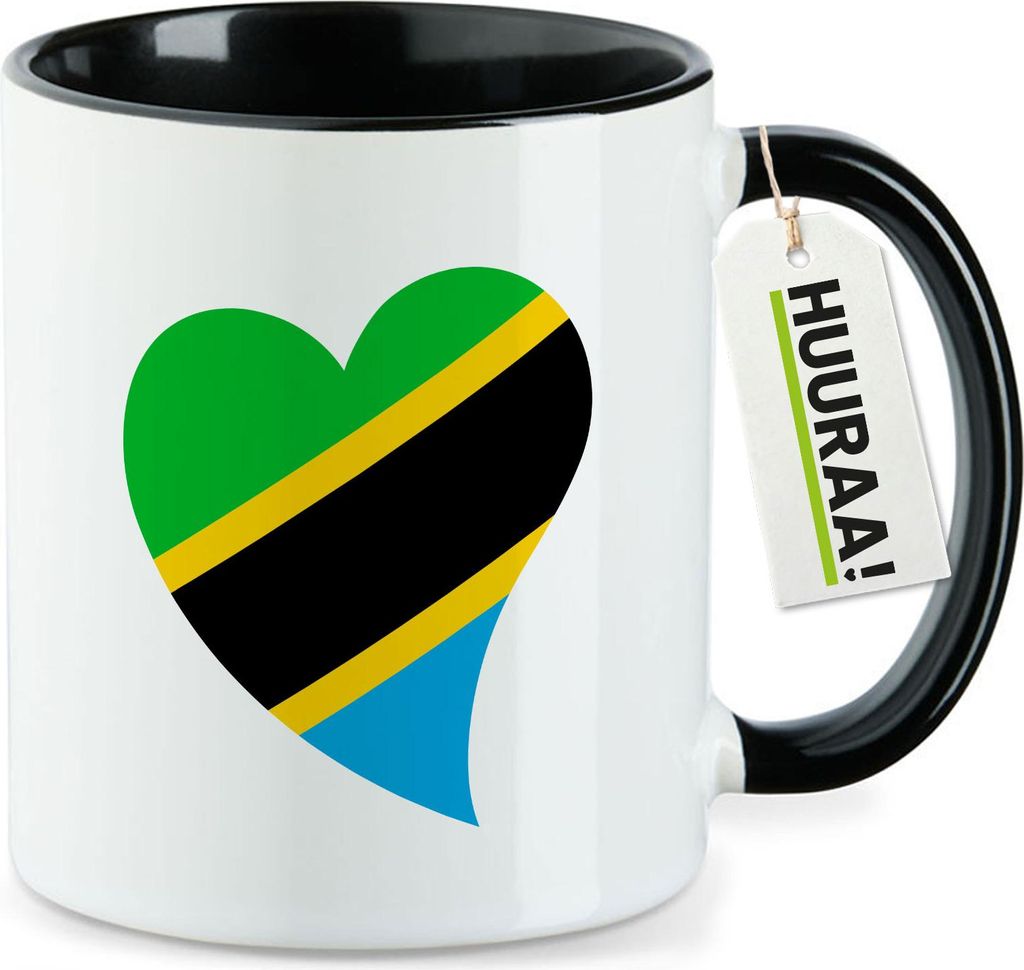 Huuraa Kaffeetasse Tansania Flagge Herz 330ml Schwarz Keramik Kaffeebecher Geschenkidee