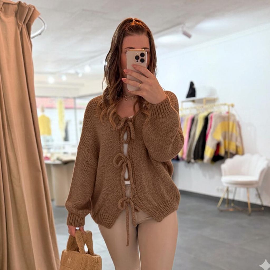 Damen Strickjacke Cardigan mit Schleifen „Sophia“ Braun, Onesize (XS-XL), für Frauen Langarm Grobstrickjacke, Herbst Winter Strickmantel Frau