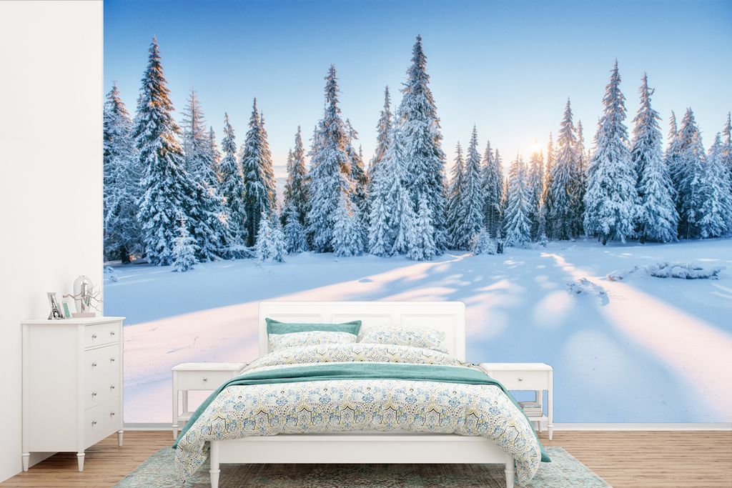 MuchoWow Fototapete für Wohnzimmer oder Schlafzimmer Wandtapete Vinyl Motivtapete Wald - Schnee - Winter - 450x300 cm - Gemusterte