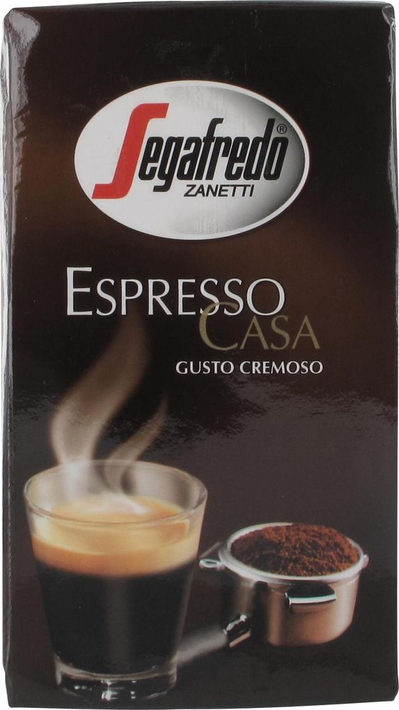 A box of Segafredo Espresso Casa coffee, showing a steaming cup of espresso and a portafilter filled with coffee grounds.