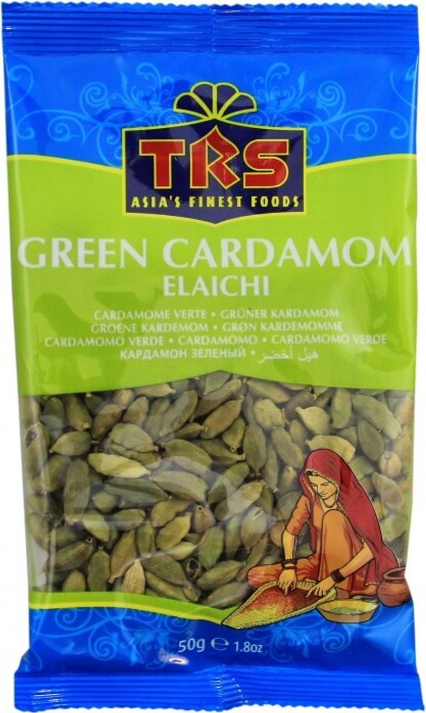 A bag of green cardamom pods with an illustration of a woman preparing food.