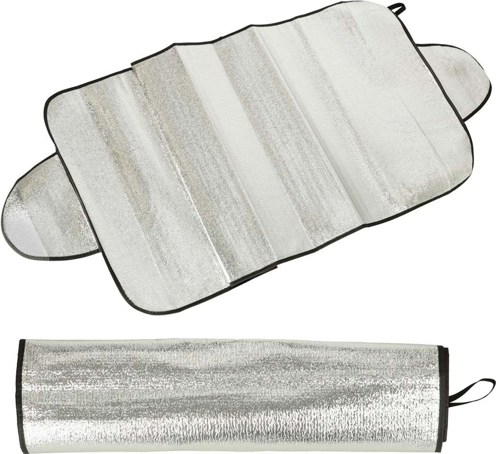 A folded and an unfolded car windshield sunshade.