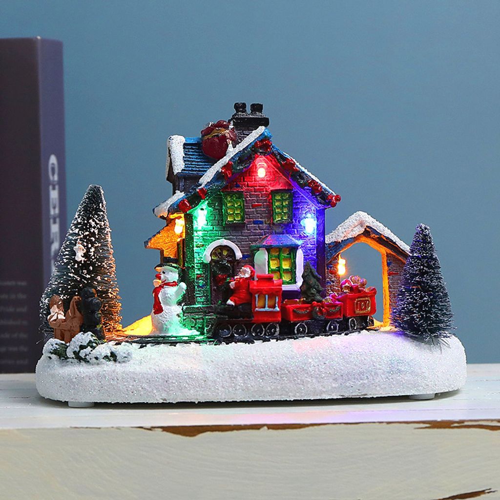 Weihnachtsdekoration, Motiv: Weihnachtsdorf mit Zug, beleuchtet