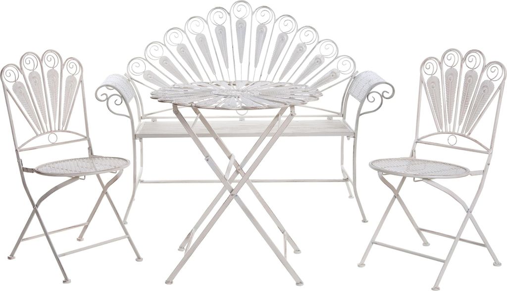 BELIANI Balkonset Cremeweiß Eisen 4-teilig Pfauen-Design Romantischer Französischer Stil Runder Tisch mit 2 Stühlen u. Bank Klappbar Outdoor Ter...