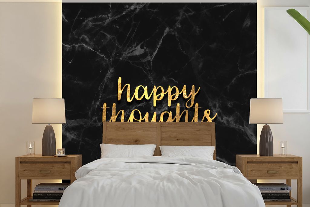 MuchoWow Fototapete für Wohnzimmer oder Schlafzimmer Wandtapete Vinyl Motivtapete Zitat - Glücklich - Gold - Marmor - 350x350 cm - Schlafzimmer...