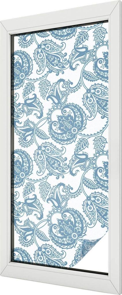 Buntglas Fensterfolie – 116x50 cm – Stained-Glass Design – blickdichte dekorative Sichtschutzfolie – selbstklebend, UV-Schutz – Blaue Orn...