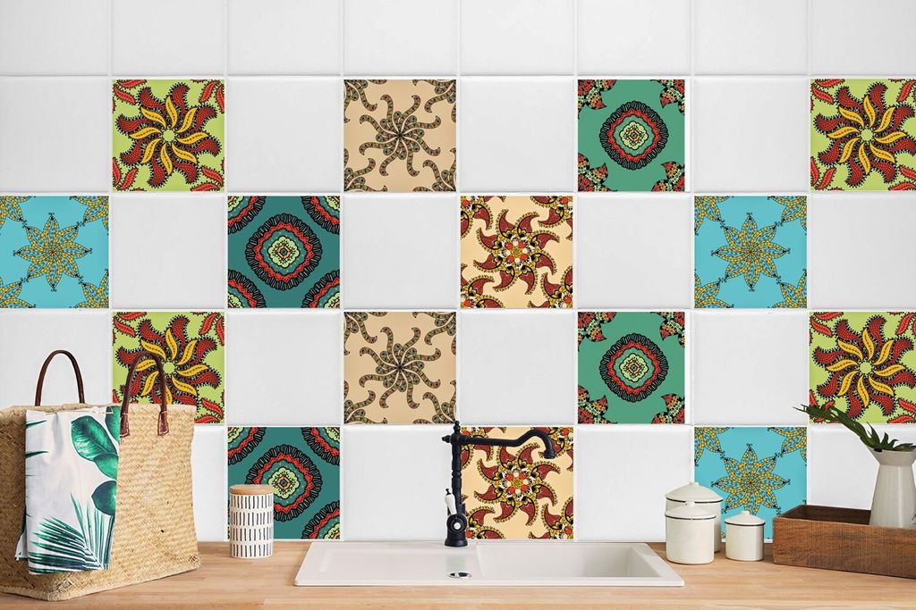 24 Stück Laminierter Sticker Aufkleber Küchen Wandfliesen Fliesenaufkleber Bunte Mosaik 10 x 10 cm