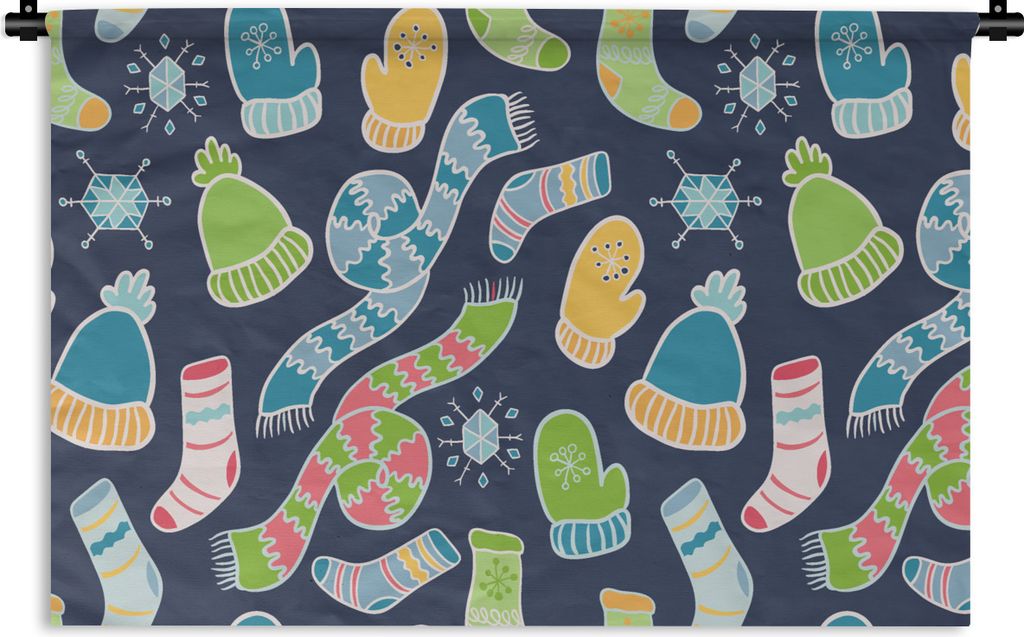 MuchoWow Wandteppich Wandbehang Schal - Handschuhe - Mütze - Regenbogen - Winter - Schnittmuster 90x60 cm Tapisserie Dekoration Wandtuch - Wands...