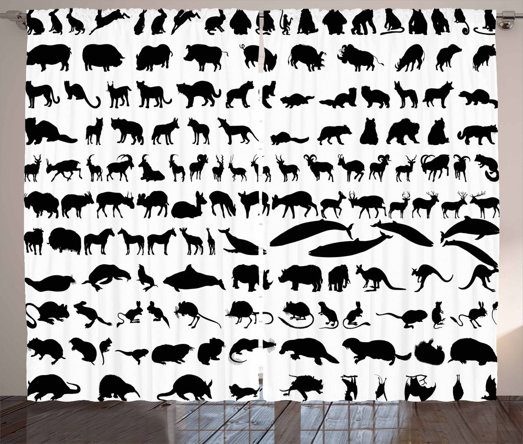 ABAKUHAUS Zoo Rustikaler Vorhang, Tier-Silhouetten Habitat, Wohnzimmer Universalband Gardinen mit Schlaufen und Haken, 280 x 175 cm, Weiß Schwarz