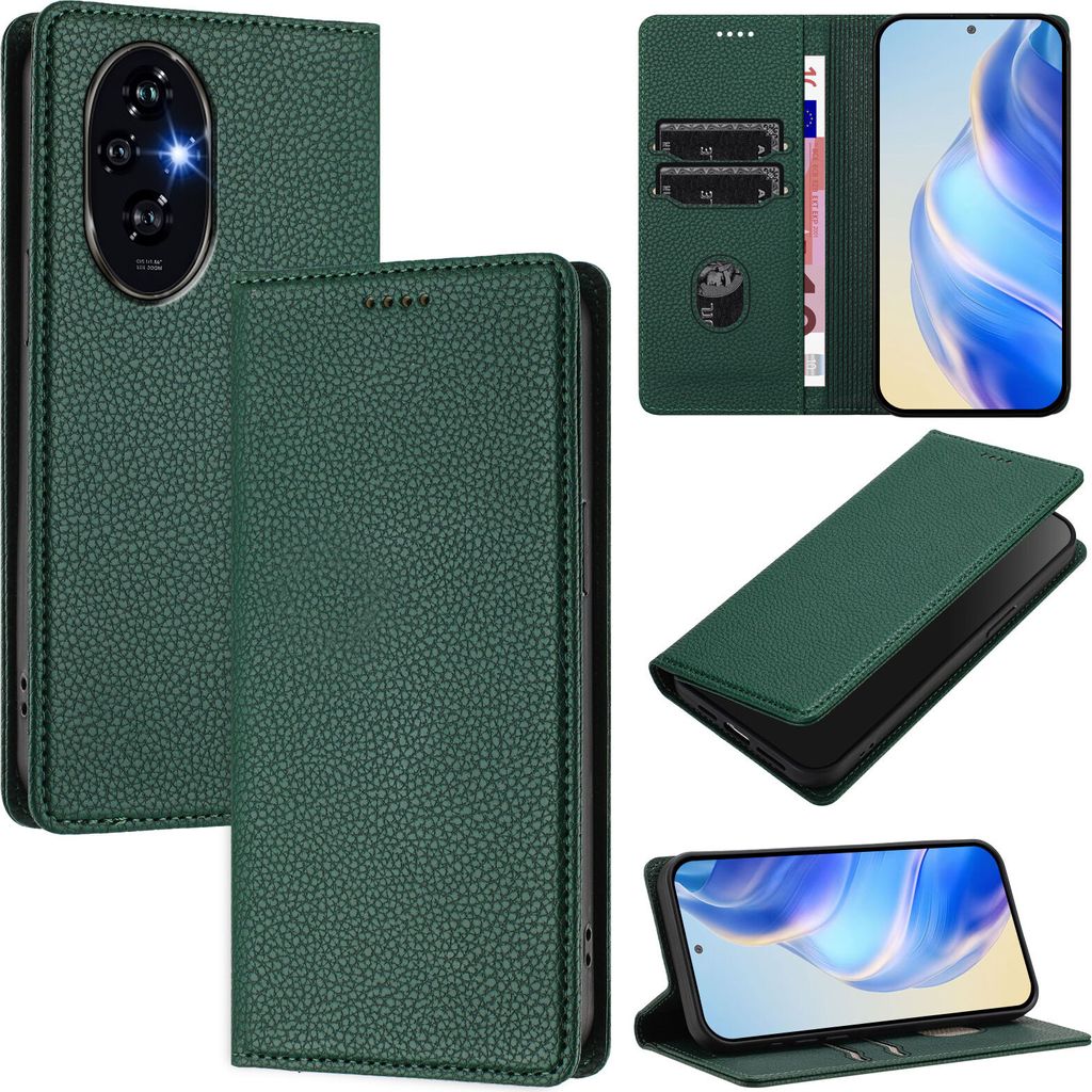 Litchi Leder Handyhülle für Honor 200 Wallet Kartenfächer Standfunktion Hülle Grün