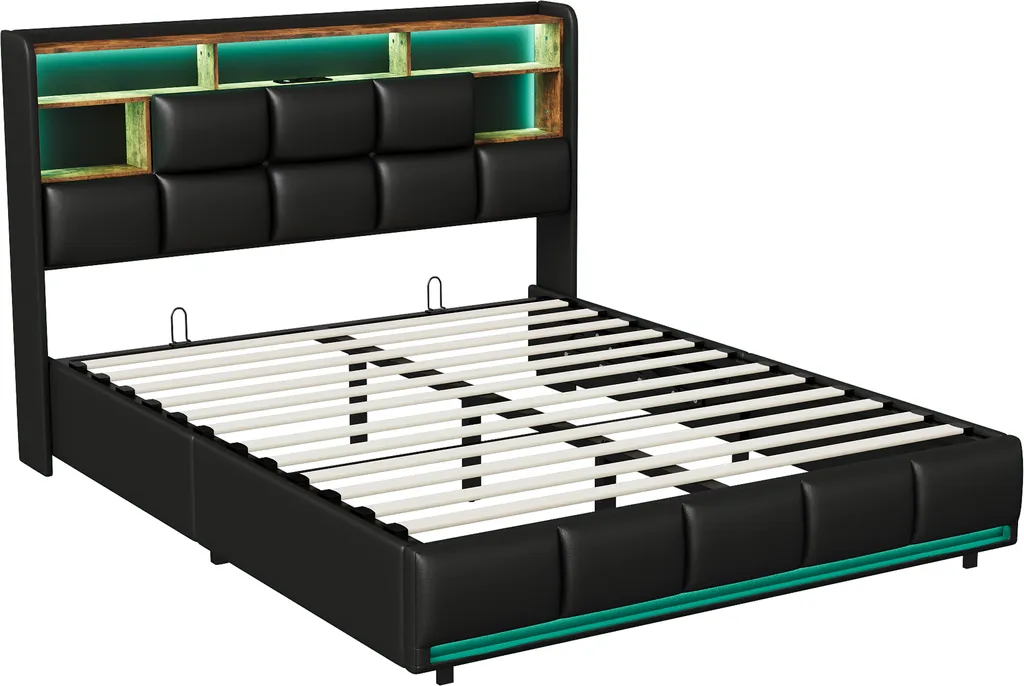 Lit coffre Fortuna Lai 140x200 cm en PU noir avec sommier hydraulique