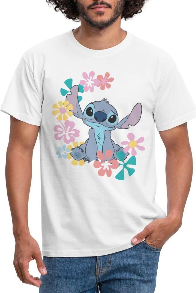 Lilo & Stitch | Stitch Mit Hawaiianischen Blumen Männer T-Shirt, L, Weiß