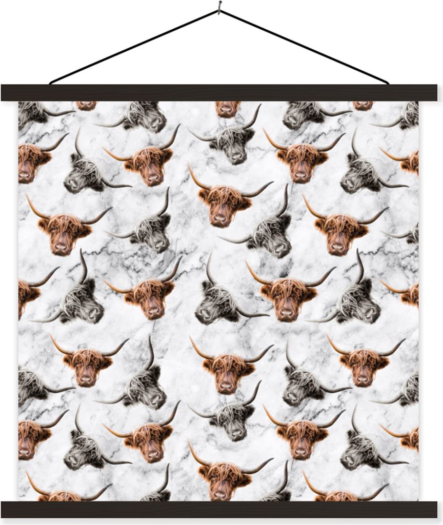 MuchoWow Textilposter Schottisches Hochlandrind - Kuh - Marmor 40x40 cm mit schwarzem Rahmen - Fotos