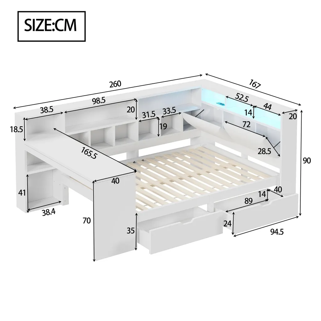 Lit Banquette 140x200 Bureau Intégré : Solution Rangement et LED - 6