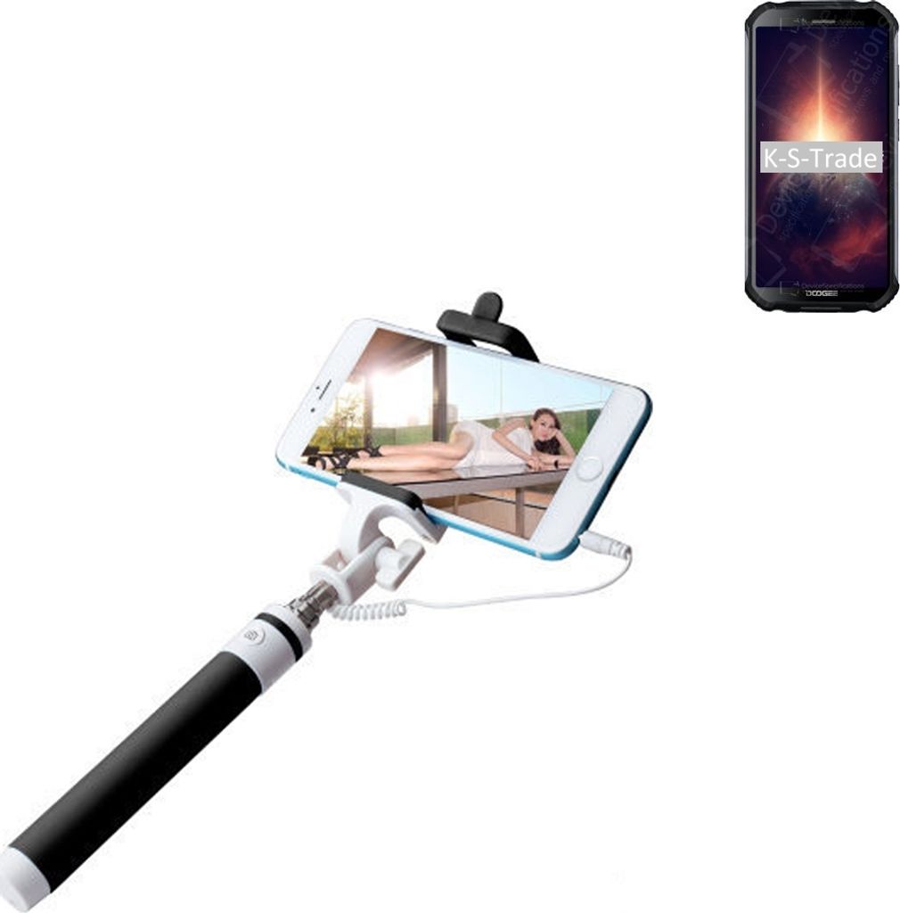 K-S-Trade Selfie Stick kompatibel mit Doogee S40 Pro Selfiestick kabelgebunden Monopod mit Kabel Stab Stange Selfportrait Handheldstick schwarz 1x
