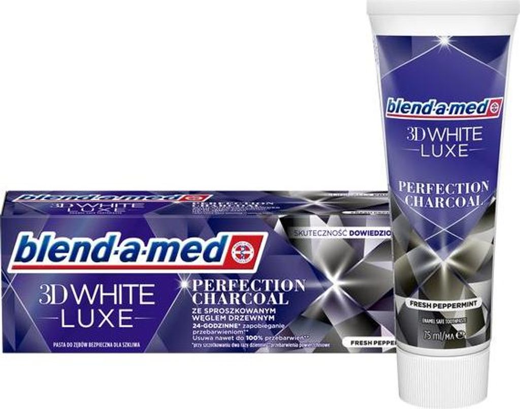 A tube of toothpaste and its box are displayed against a white background.