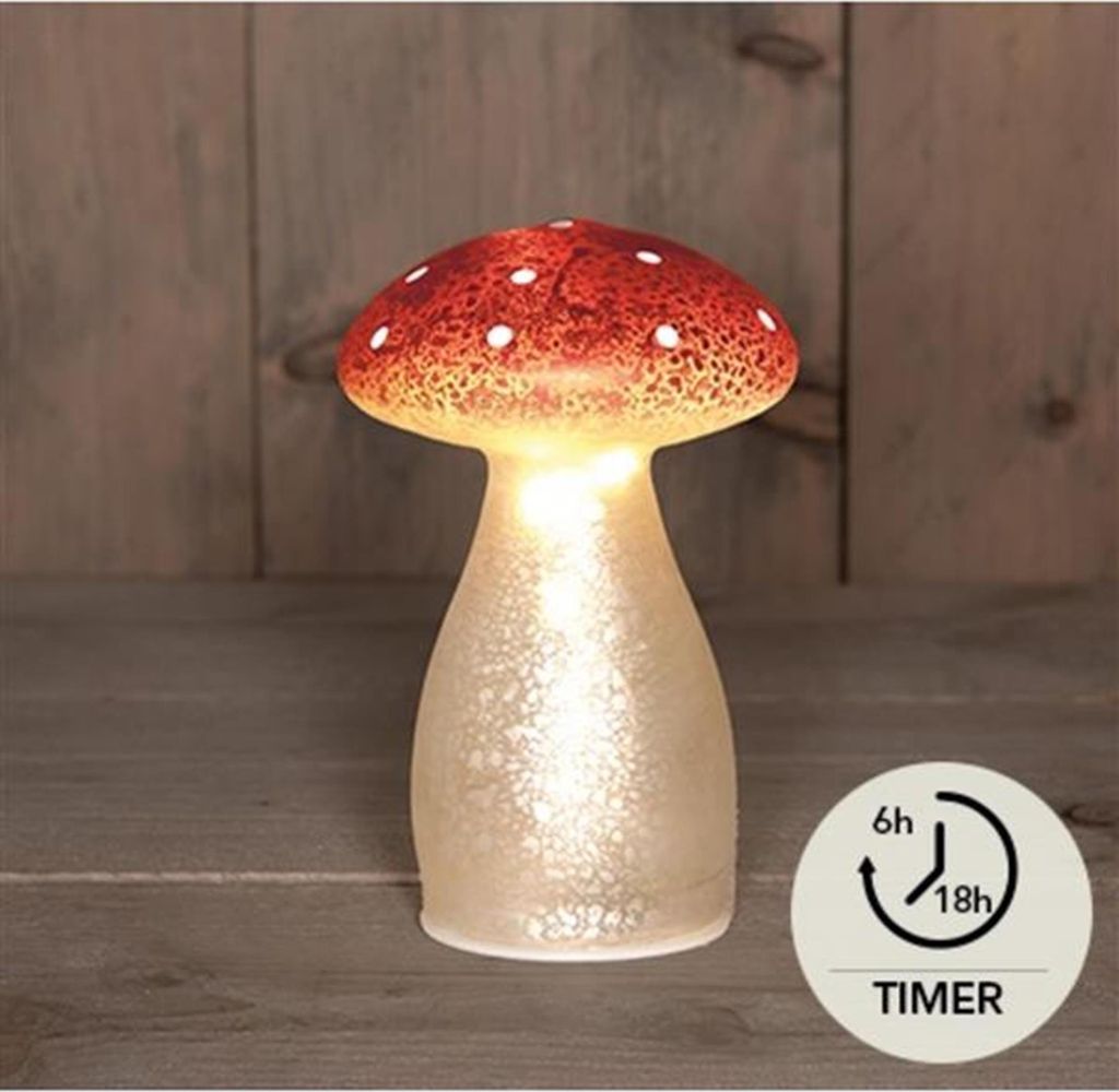 Paddenstoel glas led op batterij met timer h15 cm wit met Productafbeelding 