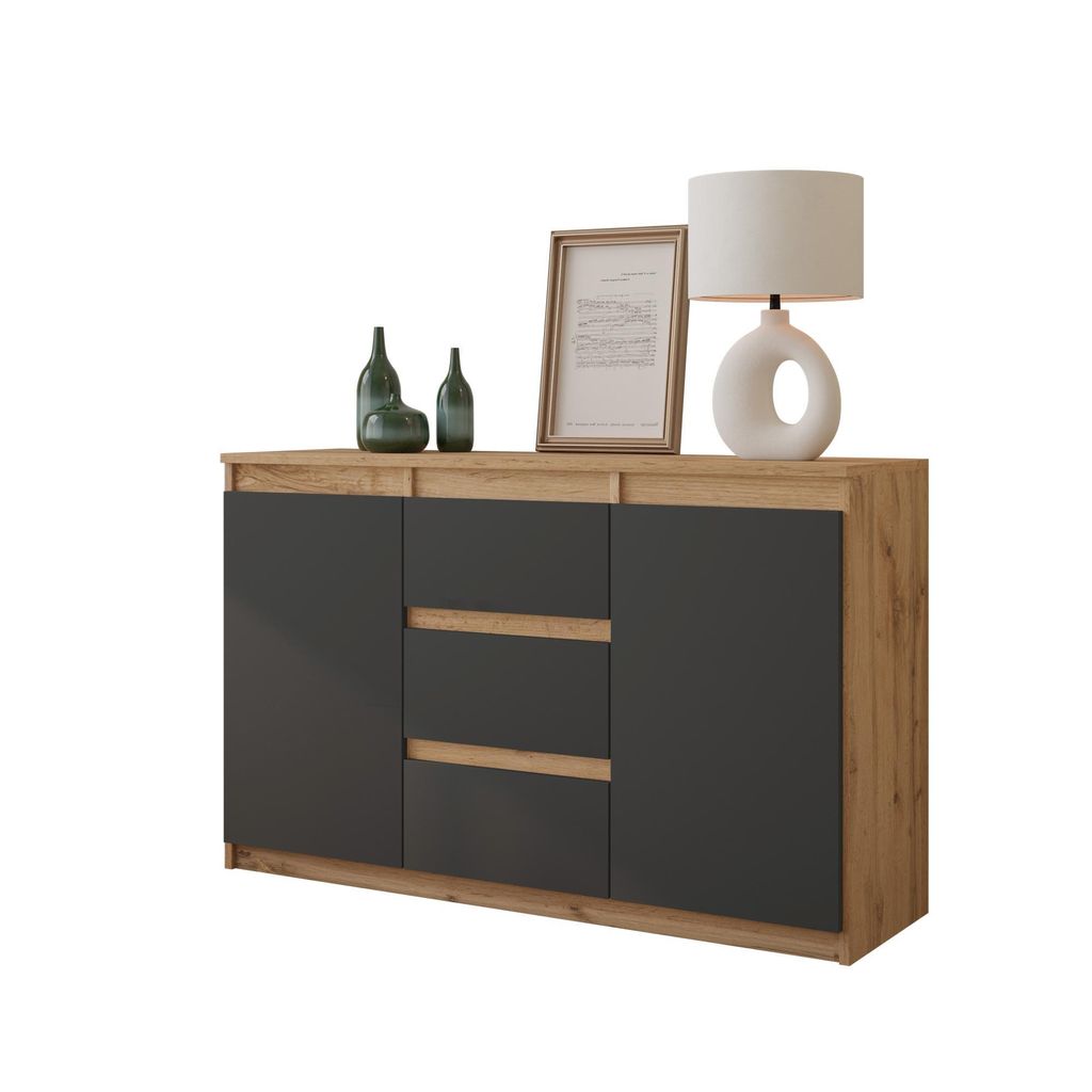 A sideboard with decorative items on top, presented against a white background.