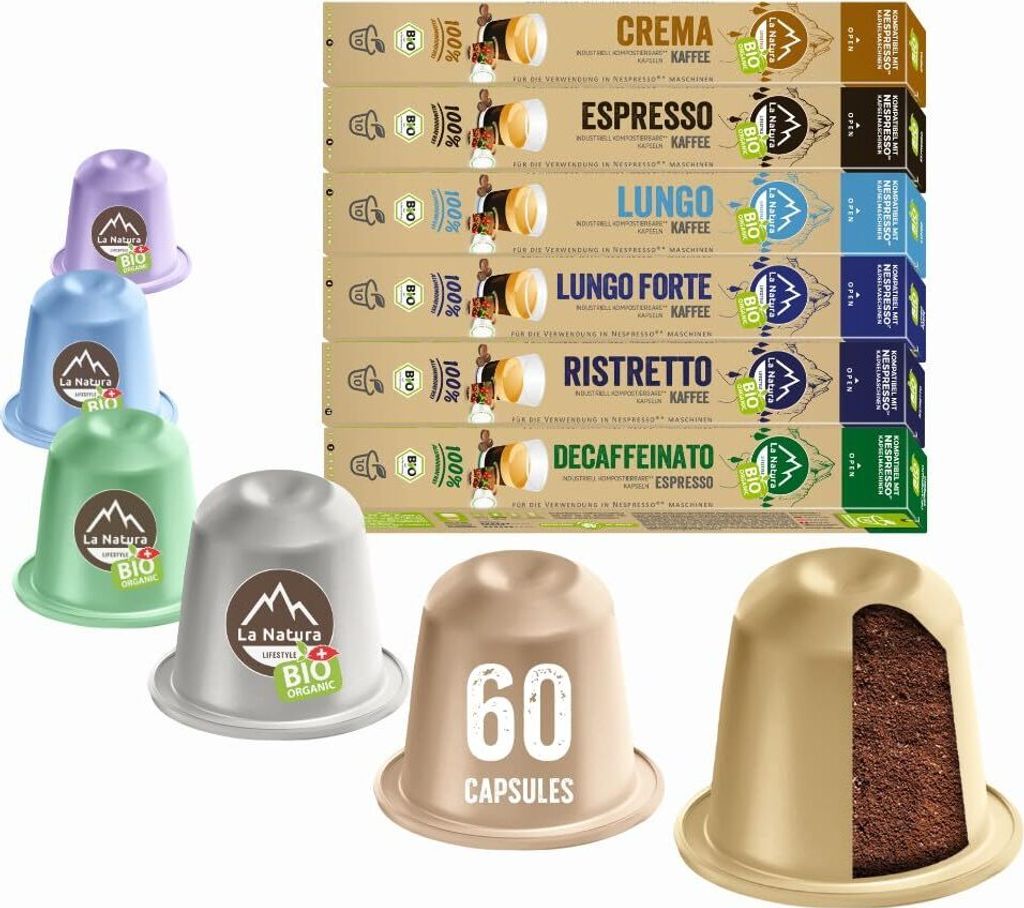 Selection Box Kaffee - 60 Kaffeekapseln | La Natura Lifestyle Organic 306g| biobasiert | Nespresso *³ kompatible