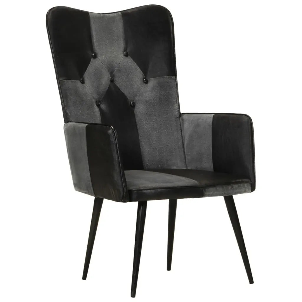 Fauteuil à oreilles cuir véritable noir et gris vintage retro Série-N