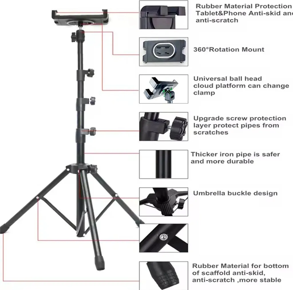 Supporto per tablet e smartphone - Treppiede da pavimento - Regolabile in altezza - Metallo - Per dispositivi da 20-33 cm - Verde oliva - 11