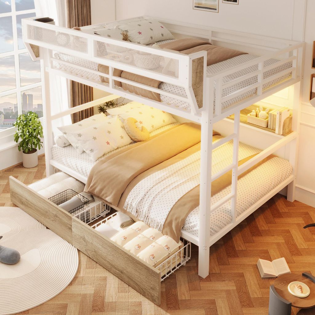 Flieks Etagenbett 140x200cm mit Led, Metallbett Jugendbett mit 2 Schubladen und Ablagekorb, Kinderbett Hochbett mit Ablagen und Leiter, Weiß