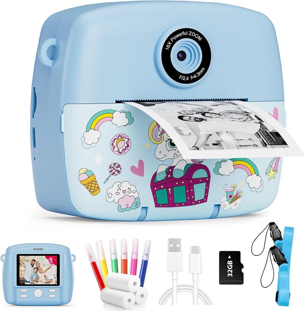 Sofortbildkamera Kinder,Kinderkamera Kompaktkameras 1080P HD Sofortdruck von Fotos,Geburtstagsgeschenk Weihnachten Geschenk Spielzeug ab 3+Jahre