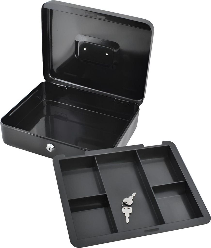 An open black cash box with a removable tray containing two keys.