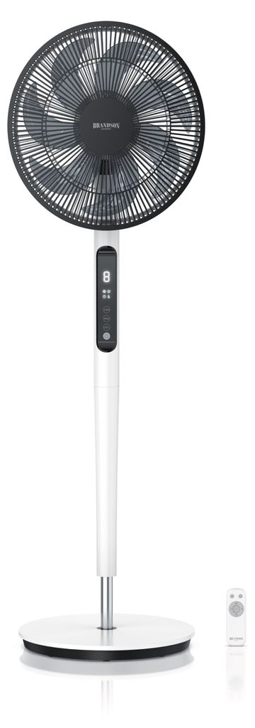 A white and gray stand fan is shown against a white background. A small remote control is visible to the right of the fan's base.