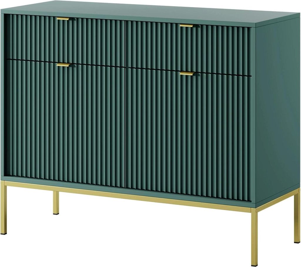 Kommode Kioto 104 cm Grün & Gold – Rillenfront, Goldene Griffe, 2 Türen, 2 Schubladen