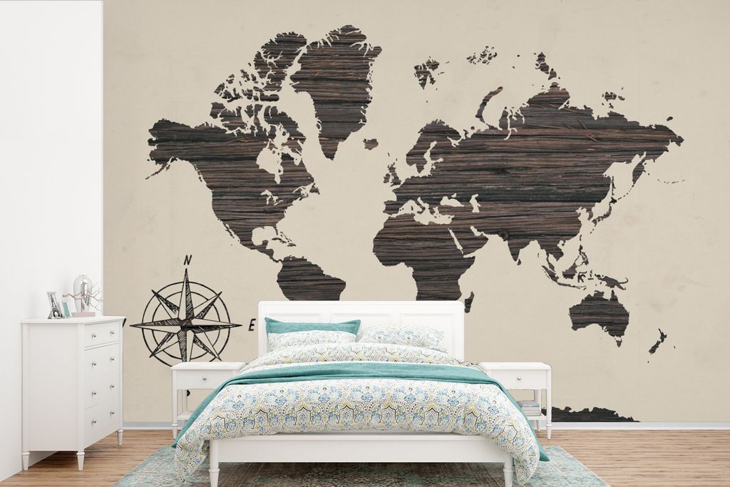 MuchoWow Fototapete für Wohnzimmer oder Schlafzimmer Wandtapete Vinyl Motivtapete Weltkarte - Holz - Kompassrose - 450x300 cm - Gemusterte