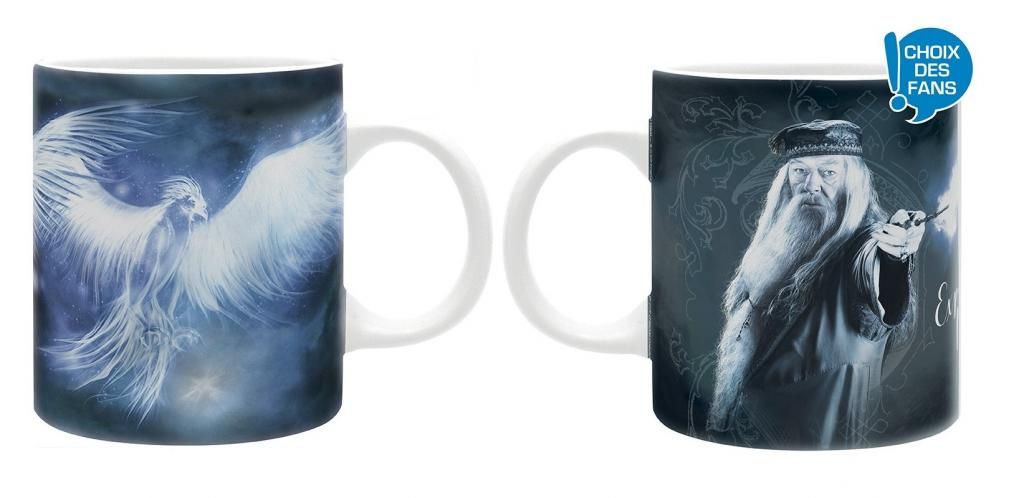 Two mugs are shown side-by-side against a white background. The left mug features a depiction of a white phoenix. The right mug shows a portrait of Dumbledore and has a blue overlay in the top right corner.