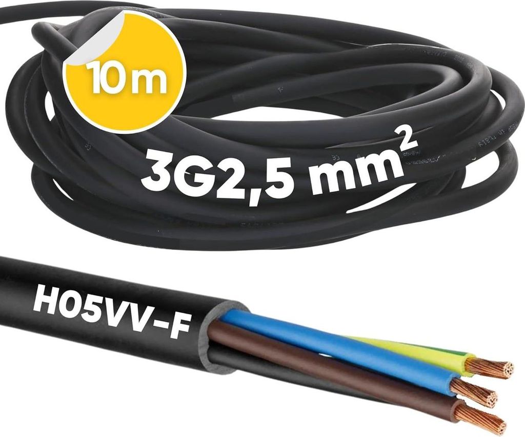 10 Meter Kalitec H05VV-F Schlauchleitung 3x2,5 mm² I Stromkabel 3G2,5 mm2 mit Schutzleiter I PVC Kabel für Innenbereich I Elektrokabel schwarz I ...