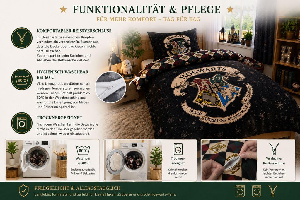 SkyBrands Harry Potter Bettwäsche 135x200 cm & Kissenbezug 80x80 cm – Hogwarts Bettwäsche-Set 2-teilig für Kinder & Fans – 100% Baumwolle, m...