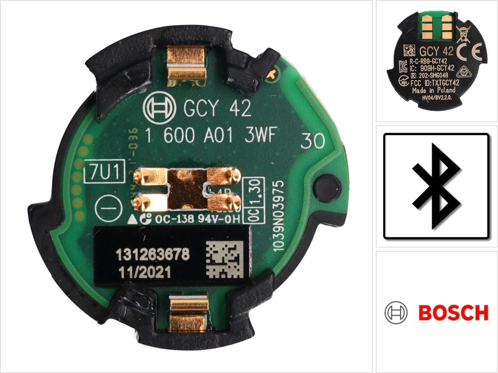 A collage of images showing a Bosch GCY 42 connectivity module, a Bluetooth symbol, and the Bosch logo.