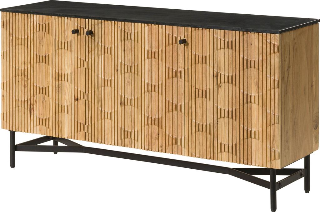 MASSIVMOEBEL24 Sideboard Akazie 150x40x76 natur lackiert / Marmor schwarz LONDON #100