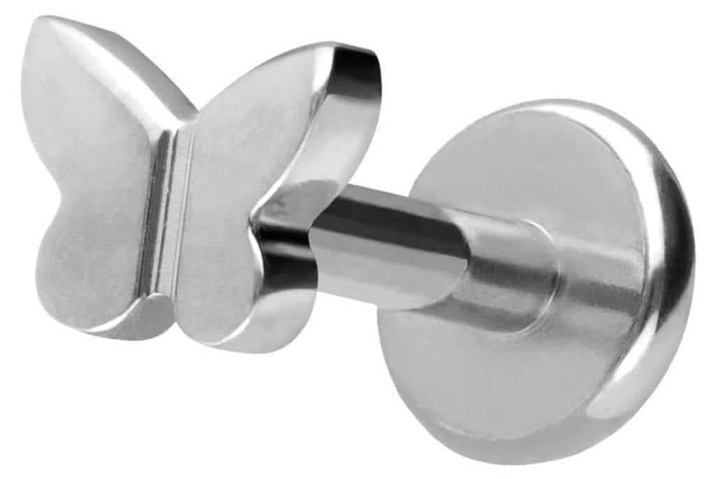 Ohrpiercing, Nasenpiercing Titan Labret mit Push Fit SCHMETTERLING Silber Stablänge: 5mm | Stabstärke: 1,2mm | Discgröße: 4,5mm