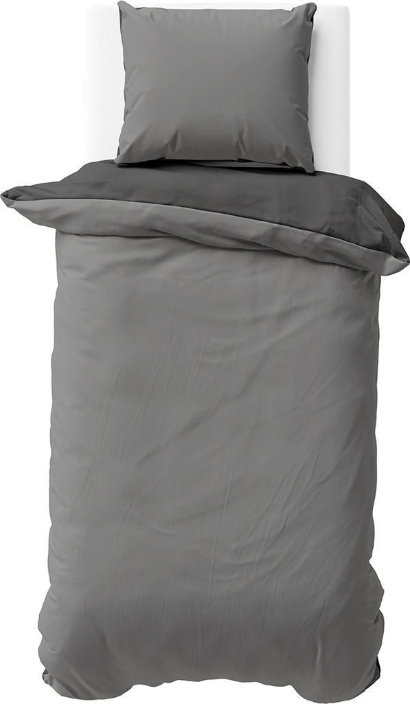 A top-down view of a grey and anthracite duvet cover and pillowcase set.