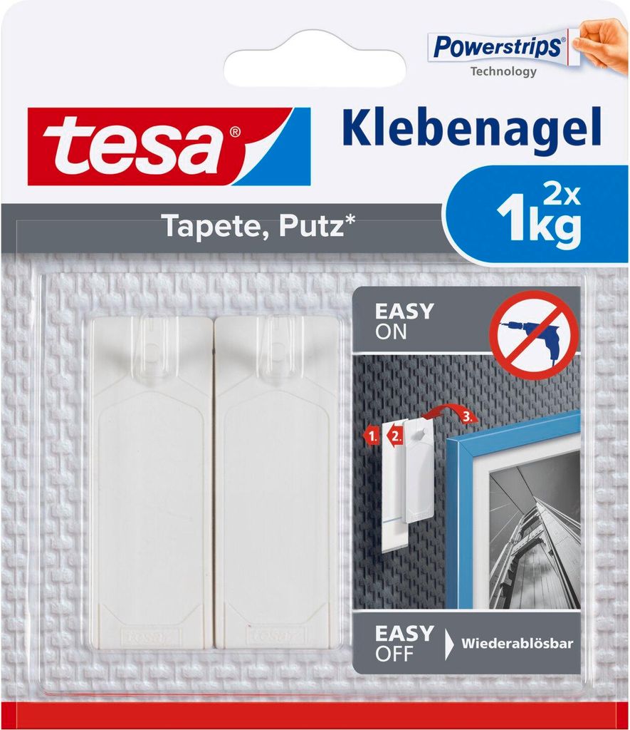 tesa Klebenagel für Tapeten und Putz Powerstrips Nagel (2 St.), Klebehaken