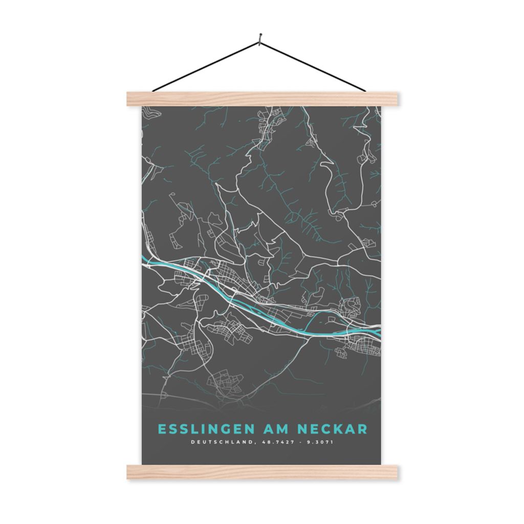 MuchoWow Textilposter Blau - Deutschland - Karte - Stadtplan - Esslingen am Neckar 60x90 cm mit holzfarbenen Rahmen - Textil