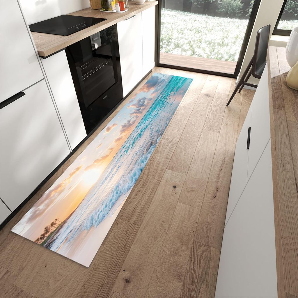 Küchenteppich 60x270cm rutschfest & abwischbar PVC Läufer - Sonnenaufgang Strand