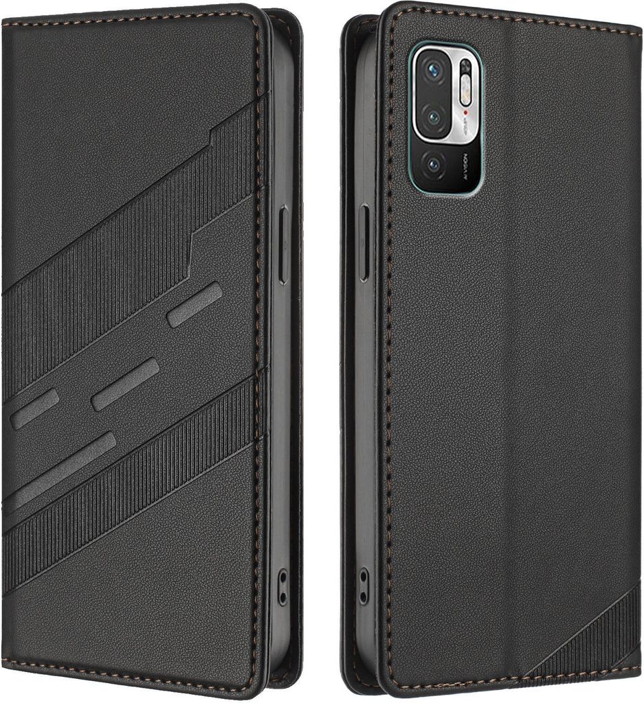 Hülle für Xiaomi Redmi 10, Kunstleder Brieftaschen Handyhülle mit Kartenfach und Standfunktion Schwarz