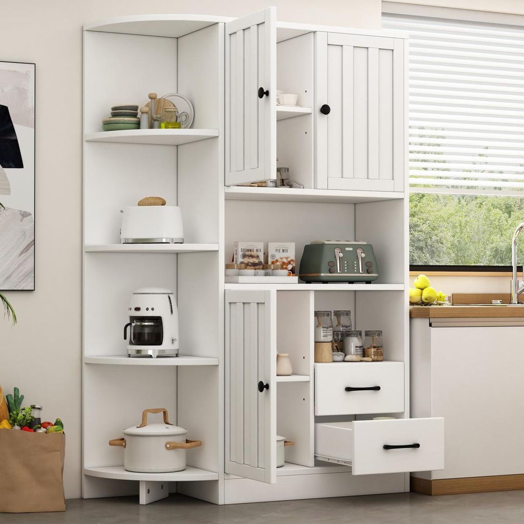 Eckkleiderschrank 104x35x155cm Weiß mit Schränken Schubladen und 14 Lagerbereichen