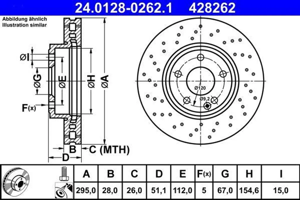 Disque de frein ATE 24.0128-0262.1 d'origine OE 2464212512 pour Classe A