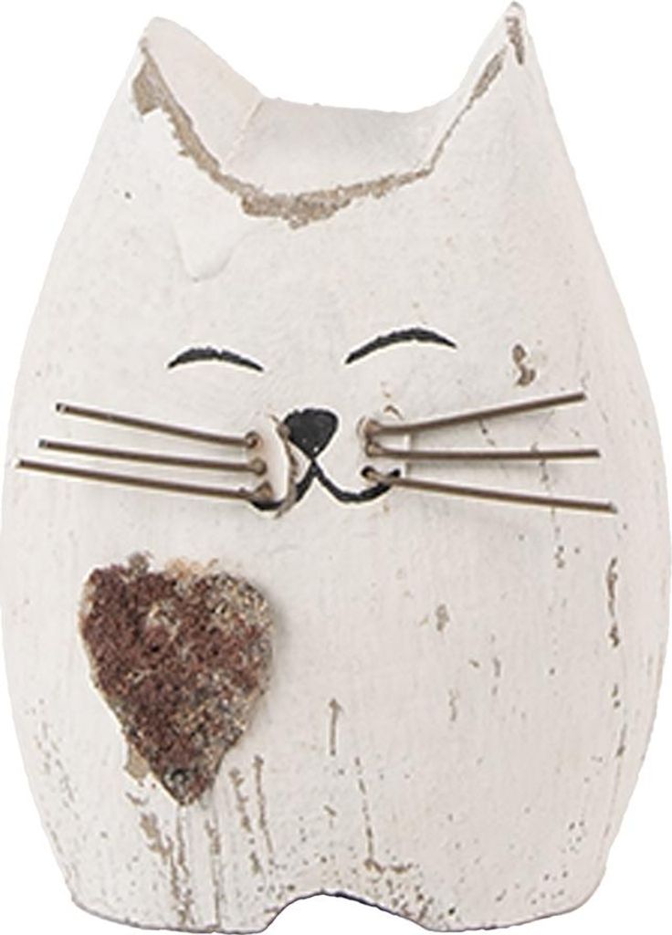 Clayre & Eef Dekorationsfigur Katze 6x4x7 cm Weiß Braun Holz
