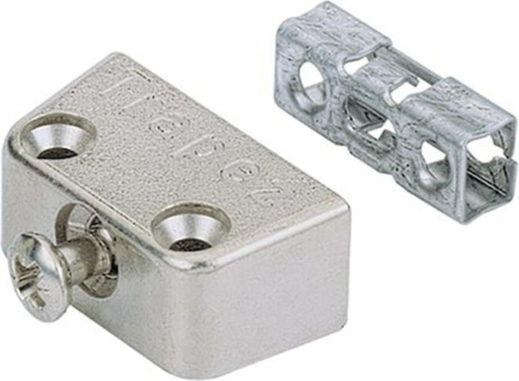 A metal furniture connector and its corresponding locking mechanism are shown against a white background.