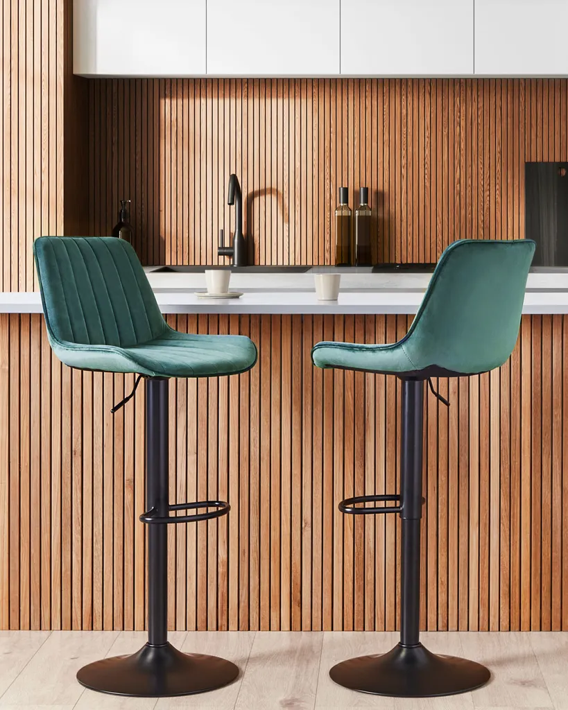Tabouret de Bar Réglable pour Îlot de Cuisine en Velours Vert Lot de 2